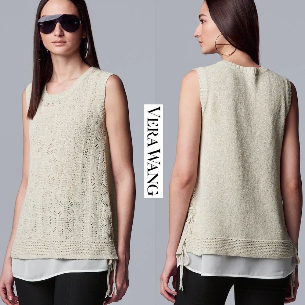 VERA WANG BNWT Knit Layered Tank Crew Neck Beige - Picture 1 of 8